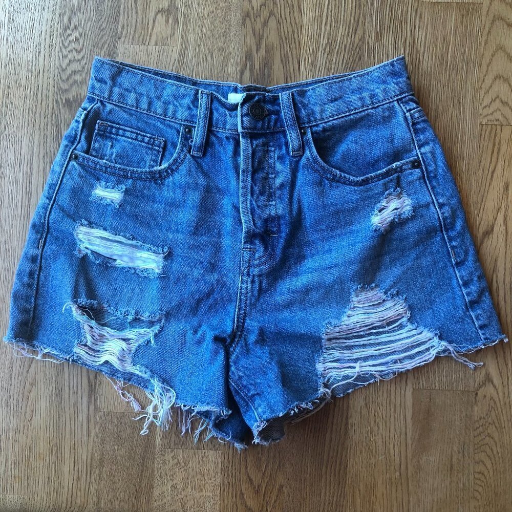 Hidden Distressed Cutoff Denim Shorts Rainbow Thread Size XS